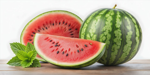 Wall Mural - Colorful of a whole watermelon with a slice cut out, showcasing its juicy red interior and seeds, with a green leaf beside it