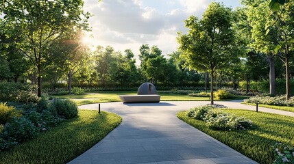 Sticker - Stone Bench in a Sun-Dappled Park with Lush Greenery