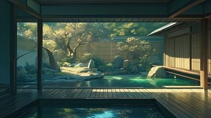 Wall Mural - Japanese Zen Garden View from a Wooden Deck with a Pond