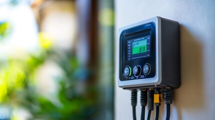 Closeup of a digital display with a green screen showing the temperature reading, 9.10 degrees Celsius, and a control panel with buttons.