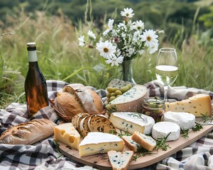 Rustic Picnic with Artisan Cheeses Freshly Baked Bread and Wine in Sunny Meadow