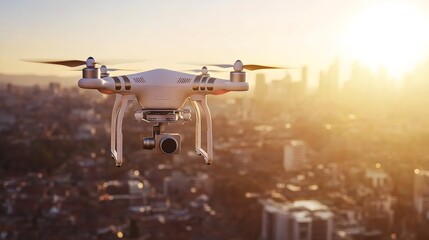 A drone flying in the sky above a city skyline with sunset.