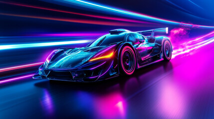 Wall Mural - Futuristic rally car in motion with neon lines, representing high speed and energy. 