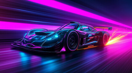 Futuristic rally car in motion with neon lines, representing high speed and energy. 