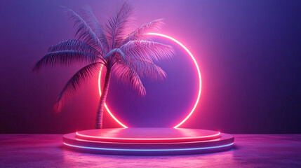 Vibrant neon palm tree silhouette against a glowing circular backdrop at dusk on a tropical shore