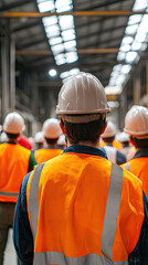 A group of people attending workplace safety meeting, wearing safety helmets and bright orange vests, demonstrates commitment to safety in an industrial environment