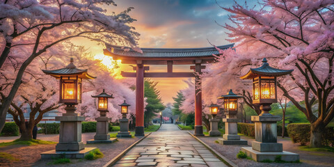 Beautiful landscape of a traditional Japanese shrine with torii gates, cherry blossom trees, and stone lanterns