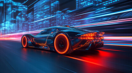 Wall Mural - High-speed sport car concept with abstract tech background. 