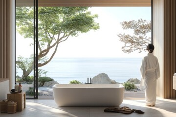 Wall Mural - a peaceful bathroom retreat with a japanese-style soaking tub positioned in front of a large window, offering an unobstructed sea view and a sense of calm illustration