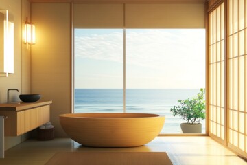 Wall Mural - a serene bathroom with a large window overlooking the ocean, featuring a minimalist japanese-style wooden tub and a simple, low-slung sink illustration