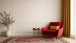 © javu - A cozy living room featuring a red armchair, elegant curtains, and decorative elements on a stylish rug, perfect for relaxation.