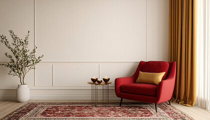 a cozy living room featuring a red armchair, elegant curtains, and decorative elements on a stylish 