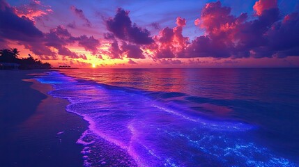 Neon tropical paradise at dusk, where the ocean glows with bioluminescent waves, and the sky is filled with neon-colored clouds, creating a surreal, vibrant scene