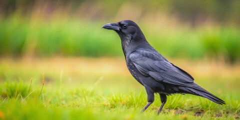 A crow standing on the ground in a grassy field, crow, bird, animal, raven, black, feathers, wildlife, nature, beak, standing