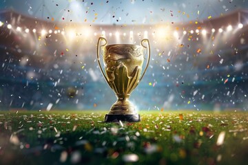 The champion cup stands on a green field at a football stadium with the light of spotlights and confetti. Football cup final, creative idea. Euro 2024 celebration