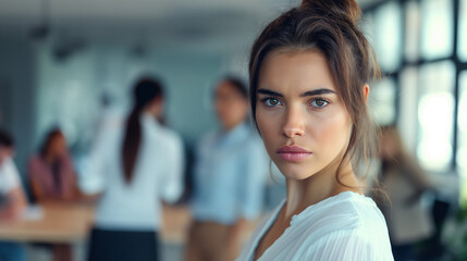 Wall Mural - A strong businesswoman standing office and blurred group of employees looking, laughing at her. bullying workplace, management conflict, gossiping, Gender Inequality concepts.