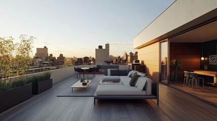 Sticker - Rooftop Terrace with City Skyline and Modern Furniture