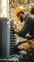 Technician performing maintenance on an air conditioning unit, wearing safety gear and focused on task. scene conveys professionalism and attention to detail in HVAC work