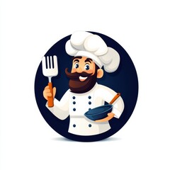 Cheerful chef character holding a spatula and mixing bowl, ready to cook delicious meals in a professional kitchen.