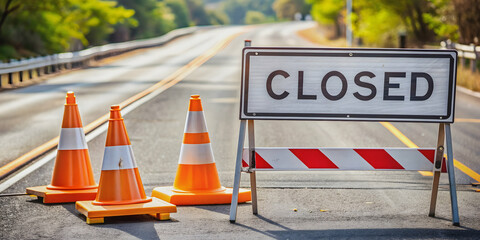 Road closed sign blocking asphalt road with traffic cone and detour directing drivers, transport, sign, road, closed