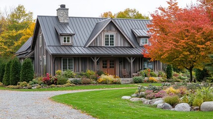 Wall Mural - A rustic wooden cabin with a metal roof, surrounded by colorful autumn foliage and a stone pathway.