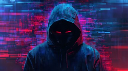 A digital collage of various computer code and data, with the face of a hacker wearing a hoodie in front of it