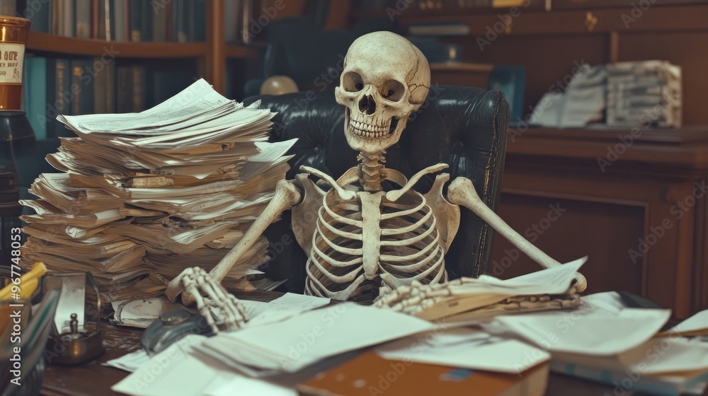 Skeleton Reminder Office skeleton at a desk overflowing with paperwork, an eerie reminder ...