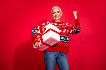 Poster - Photo portrait of attractive senior woman hold giftbox winning dressed theme party sweater isolated on red color background