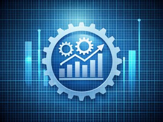 Wall Mural - A modern minimalist graph paper background features a stylized statistics icon, comprising gears and charts, surrounded