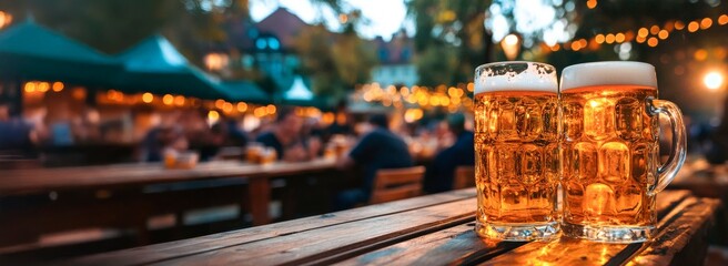 Wall Mural - Close-up of an Oktoberfest beer mug on a bar counter with a blurred background, commercial photo space