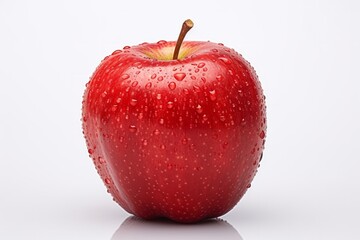 Wall Mural - Freshly washed red apple with water droplets on a bright white background