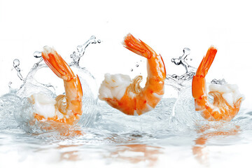 Shrimps jumping out of water splashing on white background