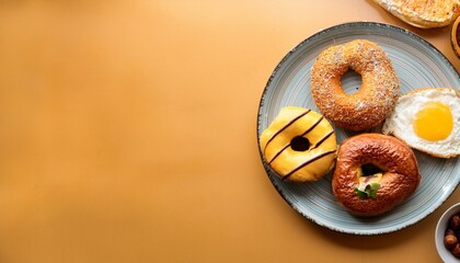 Wall Mural - Set of top view tasty delicious desserts American Food in plate, Cronut, Bagels, Donut, Grilled Cheese Sandwich, ai generate