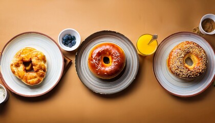 Wall Mural - Set of top view tasty delicious desserts American Food in plate, Cronut, Bagels, Donut, Grilled Cheese Sandwich, ai generate