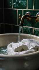 A broken sink with towel soaked in water creates serene yet chaotic scene, highlighting contrast between flowing water and soft fabric