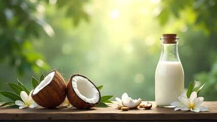 Coconut and coconut milk on blurred background healthy food concept