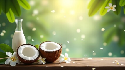 Coconut and coconut milk on blurred background healthy food concept