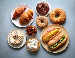 Wall Mural - Set of top view tasty delicious desserts American Food in plate, Cronut, Bagels, Donut, Grilled Cheese Sandwich, ai generate