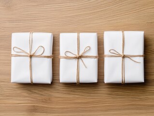 Minimalist Christmas presents wrapped in plain white paper with natural twine bows, arranged on a clean wooden surface