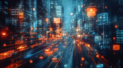 Wall Mural - Futuristic city at night with neon lights and traffic on the road.