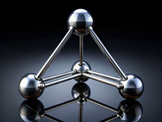 A precise symmetrical composition featuring three identical silver spheres connected by equal length rods, forming a