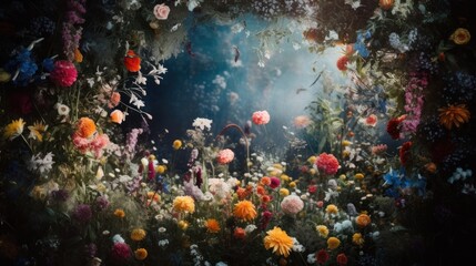 Fototapete - Mystical fantasy forest landscape with flower magic portal.
