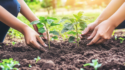 Two people are planting a tree in the dirt