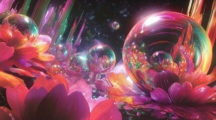 Wall Mural - Captivating Neon Orb with Ethereal Petal Structures in Surreal Futuristic Landscape