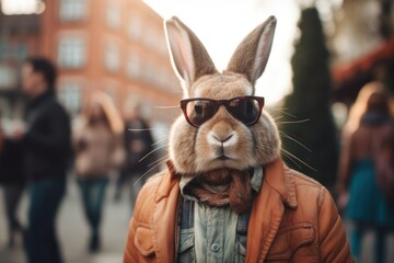 Hipster rabbit walking around the city on the street.