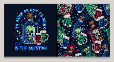 Pattern with bottle, label with potion with human skull inside, beer glass with poisonous potion. Pentagram sign, poison splashes on dark. Halloween creepy graphics