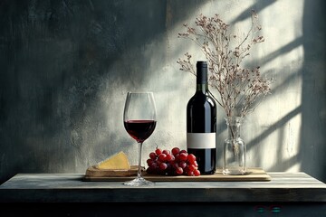 still life composition with red wine and grapes on rustic table with cheese and dried flowers