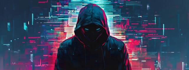 A digital collage of various computer code and data, with the face of a hacker wearing a hoodie in front of it