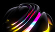 © Philipp - 3d render abstract art with part of the surreal alien flower in curved wavy spherical elegance spiral lines forms in black matte rubber material with a neon glowing yellow blue and purple part