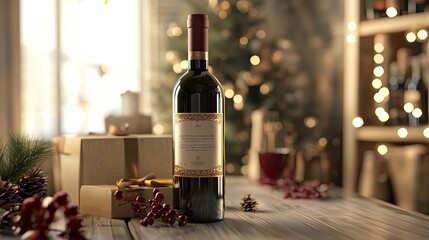 A Bottle of Red Wine with Christmas Decorations on a Wooden Table